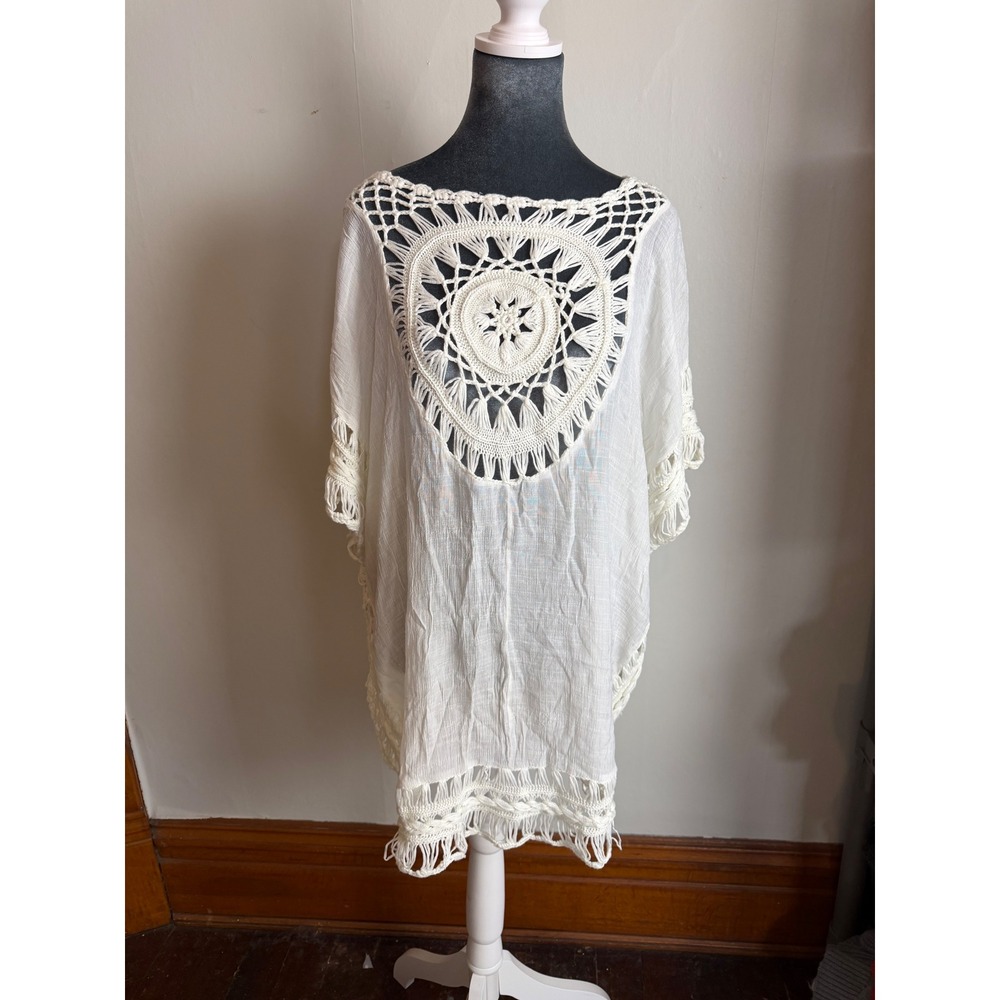 Paradise USA White Crochet Knit Poncho‎ Medallion Boho Beach Cover Up Top dress